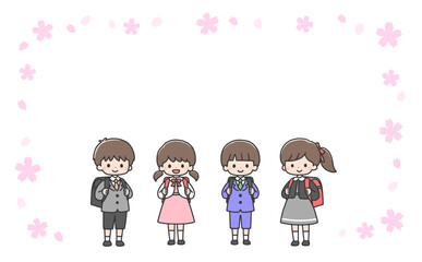 新一年生4人と桜のフレーム