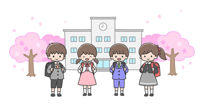 入学式　校舎の前に立つ新一年生4人
