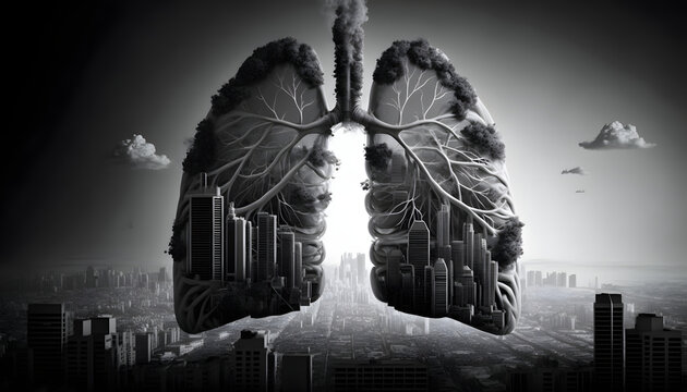 a city unhealthy, Unhealthy lungs breathing smoke and pollution from an urban city, Air pollution environmental pollution concept