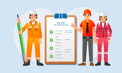 Group construction worker with check marked checklist on clipboard Successful completion of progress tasks Flat vector illustration