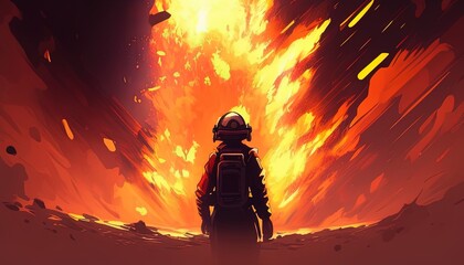 Obraz premium Firefighter in action, flames and smoke fill the background, explosion imminent. Dramatic scene captured in stunning detail.