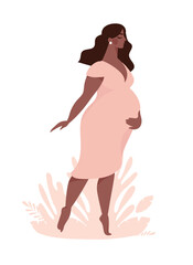 Beautiful pregnant woman on a pink background with a plant, the concept of motherhood and family. Pregnancy, goods for preparation for childbirth. Modern vector banner.