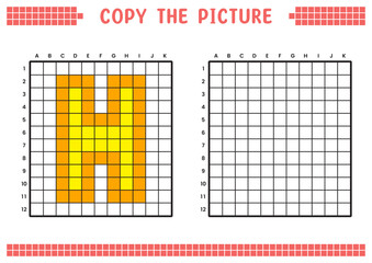 Copy the picture, complete the grid image. Educational worksheets drawing with squares, coloring cell areas. Preschool activities, children's games. Cartoon vector illustration, pixel art. Letter H.
