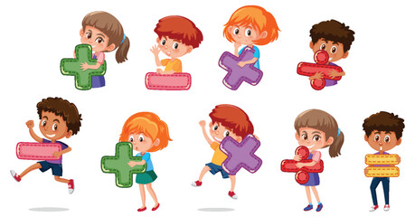 Set of children cartoon character woth math symbol