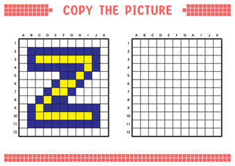 Copy the picture, complete the grid image. Educational worksheets drawing with squares, coloring cell areas. Preschool activities, children's games. Cartoon vector illustration, pixel art. Letter Z.