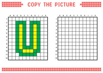 Copy the picture, complete the grid image. Educational worksheets drawing with squares, coloring cell areas. Preschool activities, children's games. Cartoon vector illustration, pixel art. Letter U.