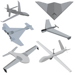 Vector illustration sets of unmanned aerial vehicle (UAV) and rotor drone. UAV technology for military defense warfare, weapon intelligence, armed combat aviation and spy aircraft