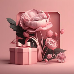 Pink rose flowers and gift box on pink background. Women's Day, 8 March, Mother's Day, Birthday, Valentines day design concept background. Generative ai illustration in 3d style