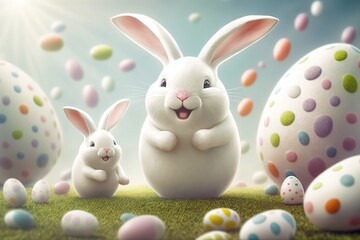 cute white Happy Easter Bunny rejoices in the holiday surrounded by colorful eggs, generative AI