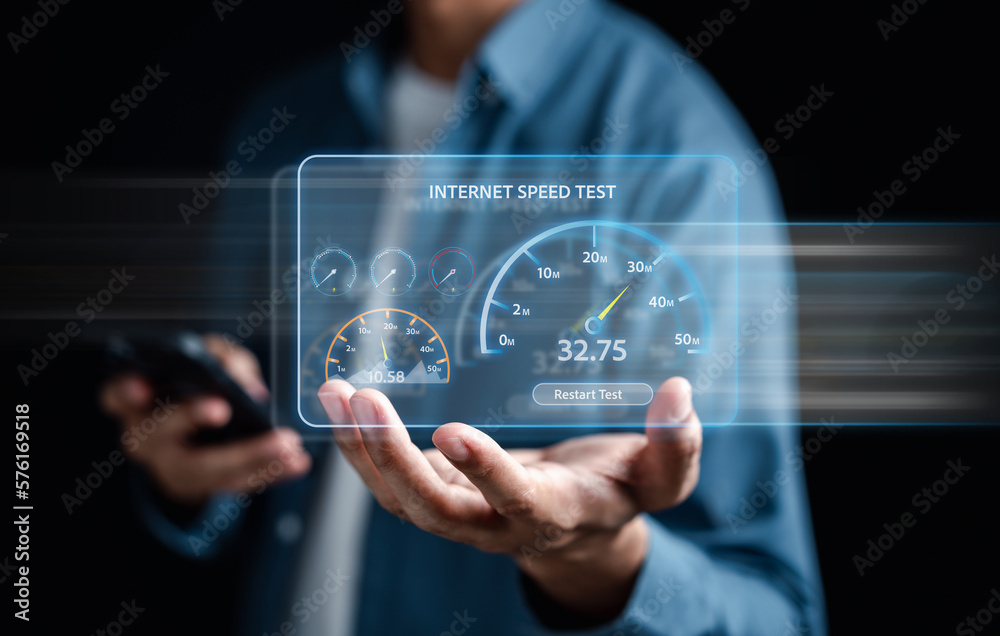 Aufkleber Fast internet connection speedtest bandwidth network technology, Man using Internet high speed by smartphone 5G quality, speed optimization...