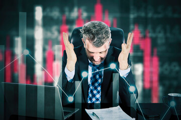 Stressed businessman feeling desperate on crisis stock market - obrazy, fototapety, plakaty