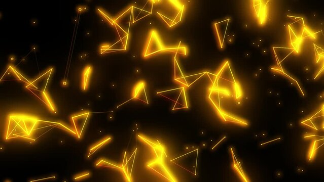 Abstract plexus of floating glowing golden lines and dots on black background. 3D animation for quantum physic concept