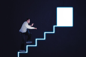 Scared businessman climbing stairs running toward an exit door
