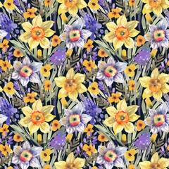 Spring flowers seamless pattern on black background, watercolor illustration. Daffodils, muscari, bright spring flowers background in vintage style.