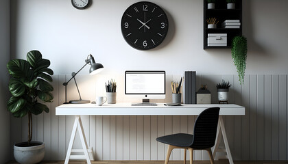 Home office minimal workspace desk with wall clock, Comfortable workplace with a modern computer on the desk