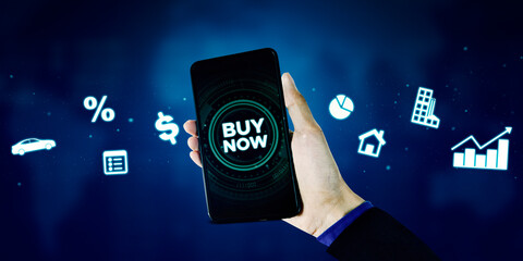 Businessman hand holding a mobile phone with buy now button