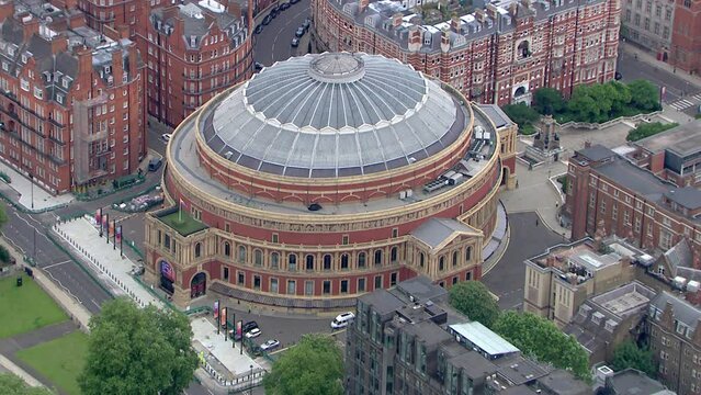 Slow aerial rotating shot around the Royal Albert Hall in London, England, United Kingdom