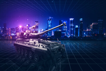 Modern military tank with cannon with futuristic background