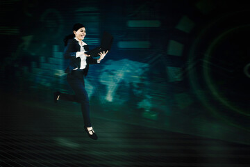 Fototapeta na wymiar Hologram of businesswoman running in metaverse
