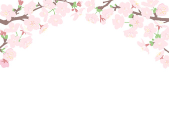桜の花のトンネルのフレーム　白背景　A4横型