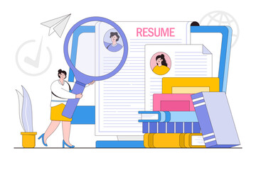 Human resource management, hiring and recruitment process concept. People characters choosing best candidate for job. HR managers searching new employee