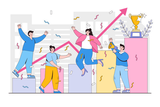 Teamwork success concept with employee character. Outline design style minimal vector illustration for landing page, web banner, infographics, hero images