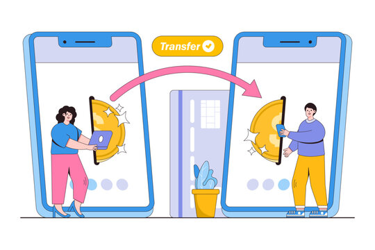 Online mobile money transfer concept with people characters. Capital flow, earning or making money. Outline design style minimal vector illustration for landing page, hero images