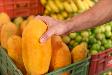 unrecognizable man's hand picking yellow papaya in close-up of basket in marketplace