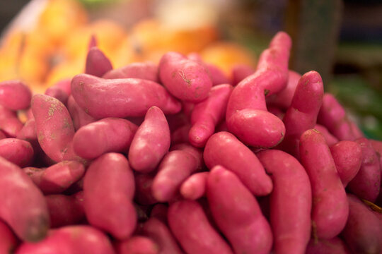 pile of pink ullucos in foreground with blurred background