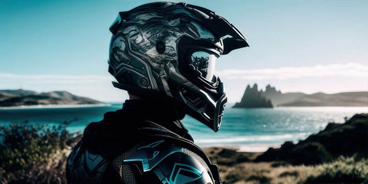 biker with helmet looking at the horizon Generative AI Art Illustration