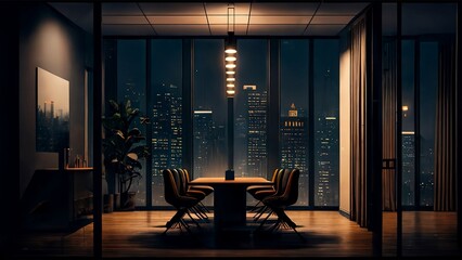 Heightened Perspectives: Conference Room with City Skyline Views at Night