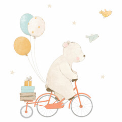 Beautiful baby stock illustration with cute watercolor hand drawn white bear animal on red bike with air ballons. Stock clip art.