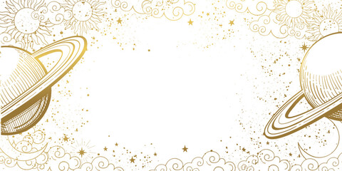 Astrology banner with golden planet saturn and stars, vintage boho template with copy space for text, horoscope and zodiac. Modern vector illustration isolated on white background. © Salomi art