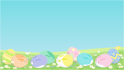 Easter background with copy space. Vector illustration of eggs with cute rabbit face and bunny ears on spring flower grass field.