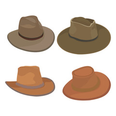 Vector illustration set of man and woman hats. Stylish male and female headwear. Elegant panama and straw hat. Fashion theme for digital resources.