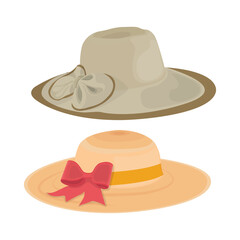 Vector illustration set of man and woman hats. Stylish male and female headwear. Elegant panama and straw hat. Fashion theme for digital resources.