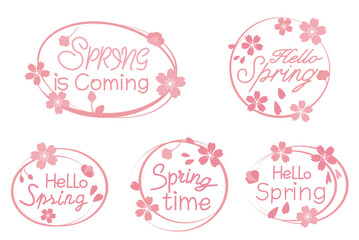 Set of spring floral calligraphy. Spring lettering decoration white Cherry blossom flowers. Spring seasonal text collection. Vector illustration.