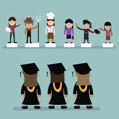A group of young women wearing a graduation suit  stand and choose a job description - vector