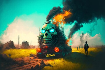 Fototapeta na wymiar painting of a train with a skull on it. generative ai.