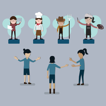 A group of girls stand and choose a job description - vector