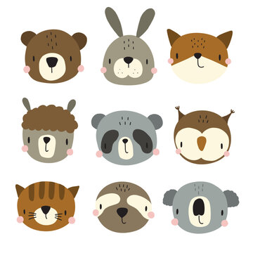Set of cute animal heads. Cartoon zoo. Collection of cute animal characters in boho style. Vector illustration for your design
