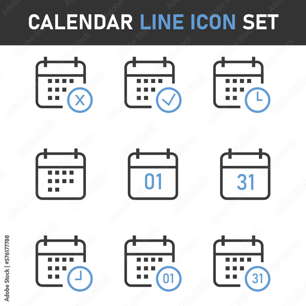 Poster calendar date line icons set stock vector.