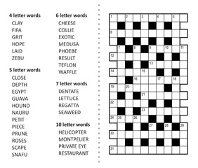 Crossword puzzle game: fill in the blanks with the words (from CLAY to RESTAURANT) provided
