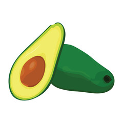 Vector illustration of fresh whole, half, cut slice avocado on white background. Summer fruits for healthy lifestyle. Organic fruit. Cartoon style. Vector illustration for digital resources
