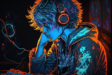 Generative AI an neon gamer anime fashion boy or man wearing headphones, lost in his music. abstract background that evokes the feeling of different genres of music. banner music concept