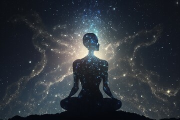 Fototapeta na wymiar Woman silhouette meditating on cosmic background
