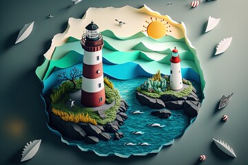 Generative AI a top view paper art of Lighthouses and whales on the sea, sunny. Perfect for your project, texture, blog,gift paper, wrapping and environment. - obrazy, fototapety, plakaty