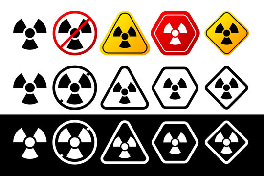 Collection of radiation signs in different color and design. Danger sign, warning sign, attention sign. Attention icon warning of danger. Vector illustration.