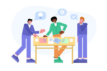 Modern vector illustration of people standing near the table and talking. Strategy meeting, planning, brainstorming concept