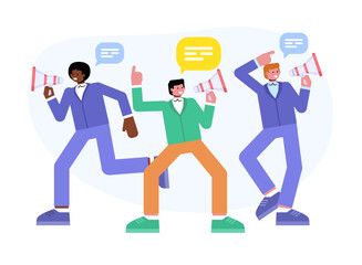 Modern vector illustration of people speaking with megaphones. Communication, advertise, promote concept